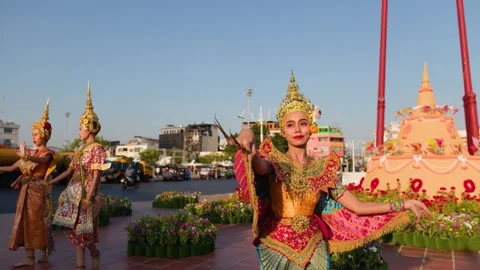Thai Khon Manohra Classical Dancer Performing at Bangkok Giant Swing Stock Footage 345318360