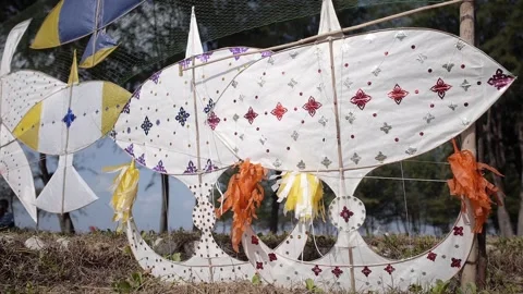 Thai kite showcase traditional paper and bamboo Wau Bulan buffalo and Moon Kite Stock Footage 157448902