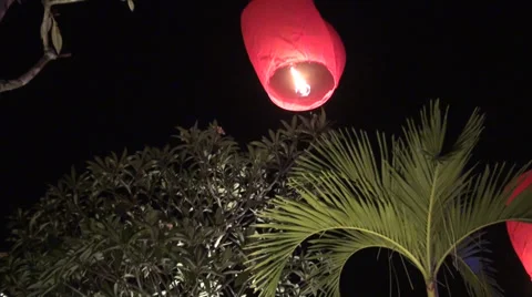 Thai lantern in the night with fireworks, shot 1 of 3 Stock Footage 38252571