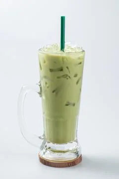Thai  Latte Milk Green Tea, Milk matcha ice cream tea glass, popular traditio Stock Photos