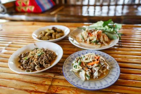 Thai launch/dinner set  on bamboo background Stock Photos