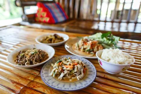 Thai launch/dinner set  on bamboo background Stock Photos