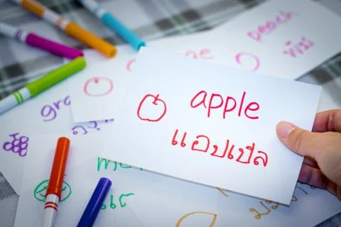 Thai; Learning New Language with Fruits Name Flash Cards Stock Photos