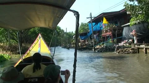 Thai Longtail boat float down the khlong canal. Thailand Stock Footage 52218102