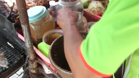 Thai Making Papaya Salad Stock Footage 146334803