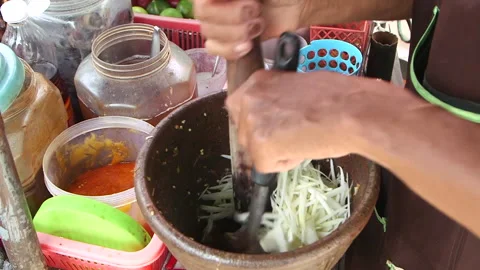 Thai Making Papaya Salad Stock Footage 146334896