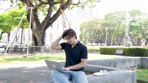Thai Male Student Using Laptop Outdoors on University Campus Park Bench Stock Footage 334640964