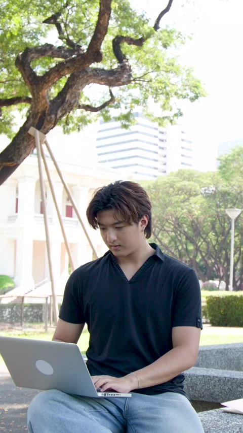 Thai Male Student Using Laptop Outdoors on University Campus Park Bench Stock Footage 336352117