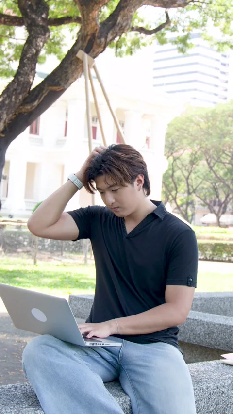 Thai Male Student Using Laptop Outdoors on a University Campus Park Bench Stock Footage 336352165