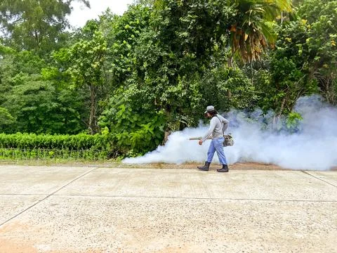 Thai man spraying out to control of Aedes aegypti , Denque fever protection. Stock Photos