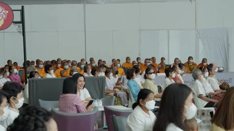 Thai Monk Crowd Audience Sit Wait For Indoor Buddhist Ceremony Festival To Start Stock Footage 247655486