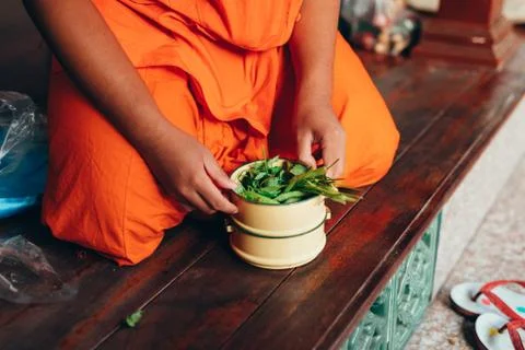 Thai Monk preparing for lunch Stock Photos
