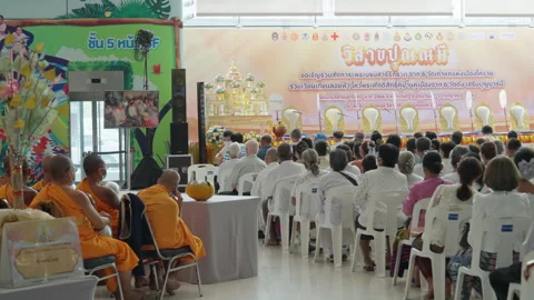 Thai Monks, Crowd Audience Sit Wait, Indoor Buddhist Ceremony Festival To Start Stock Footage 247650541