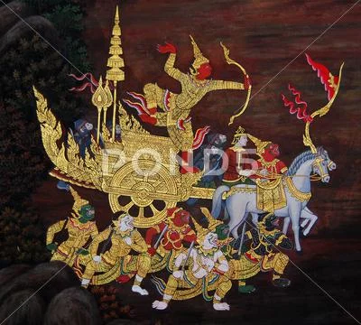 Thai mural painting on the wall, wat phra kaew, bangkok, thailand (ramayana s Stock Photos