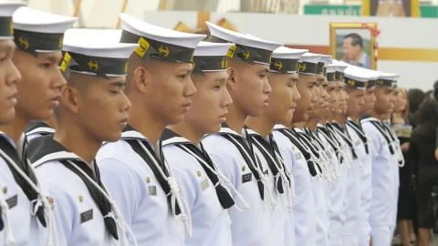 Thai Naval Cadets Standing in Formation During Ceremony in Bangkok, Thailand Stock Footage 329831403