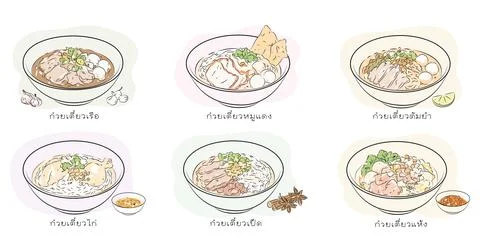 Thai noodle dish illustrations chart minimalist line art collection Stock Illustration