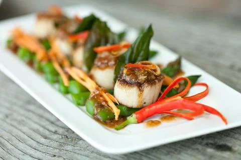Thai Pan Seared Scallops Stock Photos