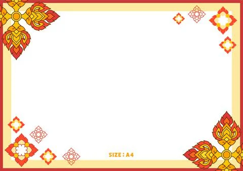 Thai pattern filigree decoration border red flower frame A4 template vector illu Stock Illustration