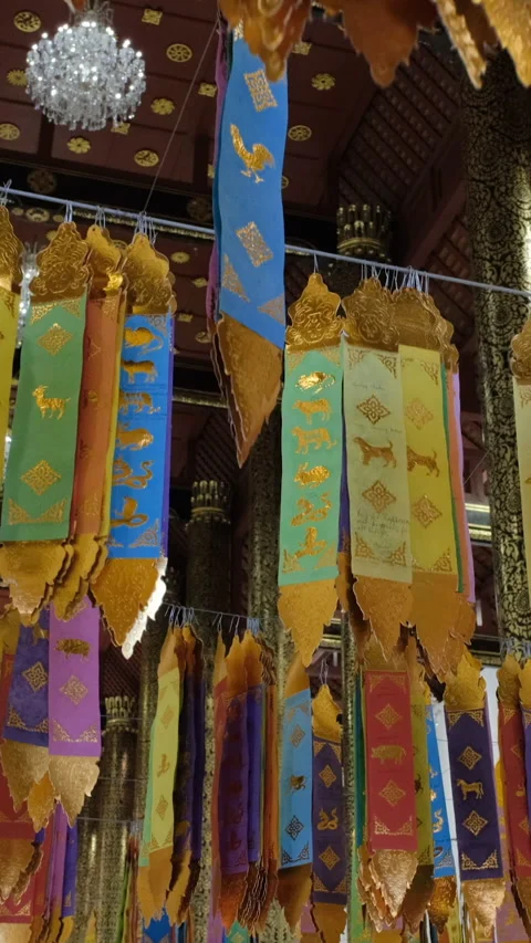 Thai prayer flags inside Chedi Luang temple Stock Footage 345653005