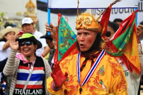 Thai protestor dressing chinese monkey god suit Stock Photos