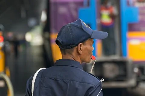 Thai railway train with Security man Stock Photos