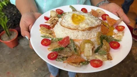 Thai red curry platter served with rice, omelette, and curry in India. Video stock 313715333