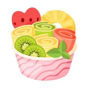 Thai Rolled Ice Cream Vector Cup with Fruits Stock Illustration