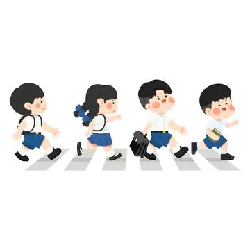 Thai school students walking across zebra crossing safely together Ilustração Stock