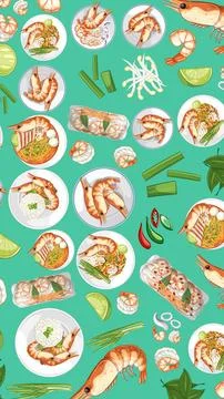 Thai Seafood Cuisine Vector Pattern with Shrimp and Rice Dishes Stock Illustration