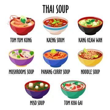 Thai soup icon set, different dishes in colorful bowls isolated Stock-Illustration