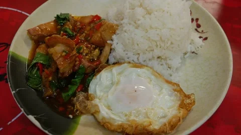 Thai Spicy Basil Stir-Fried Pork with Rice and Fried Egg Stock Footage 327831809