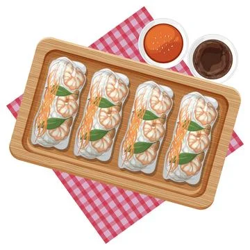 Thai Spring Rolls with Dipping Sauces Illustration Stock Illustration