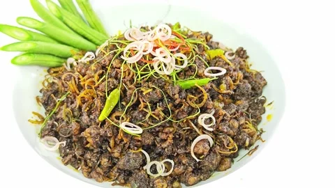 Thai stir-fried spicy minced meat with herbs isolated on white background. Vídeo Stock 343697964