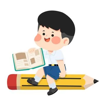 Thai student boy sitting on a big pencil Stock Illustration