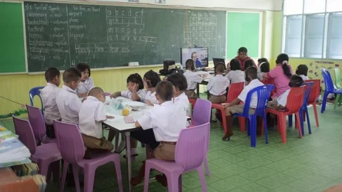 Thai students study English language in classroom listening teacher online Stock Footage 156762312
