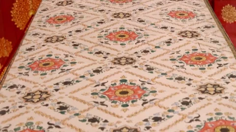 Thai style floral patterns in column and red ceiling decorated golden ornament Stock Footage 308869107