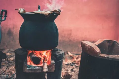 Thai style to make soft-boiled rice Charcoal to cook. Stock Photos