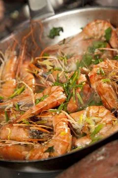Thai style pan fried prawn Stock Photos