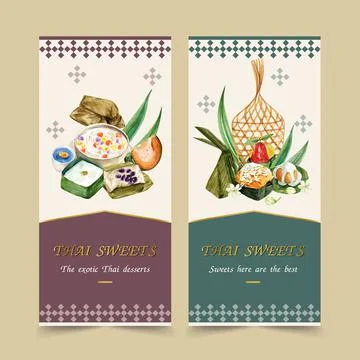 Thai sweet flyer design with pudding, steamed pumpkin illustration watercolor Stock Illustration