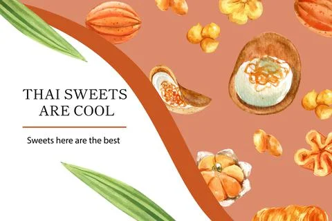 Thai sweet frame design with mini castella, golden threads illustration water Stock Illustration