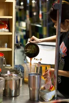 Thai Tea In Making, Exploring Night Market Refreshments in Xiaoliuqiu Taiwan Stock Photos
