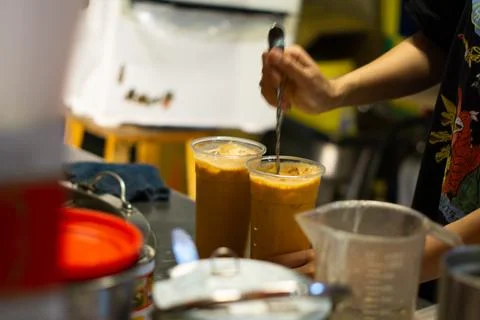 Thai Tea In Making, Exploring Night Market Refreshments in Xiaoliuqiu Taiwan Stock Photos