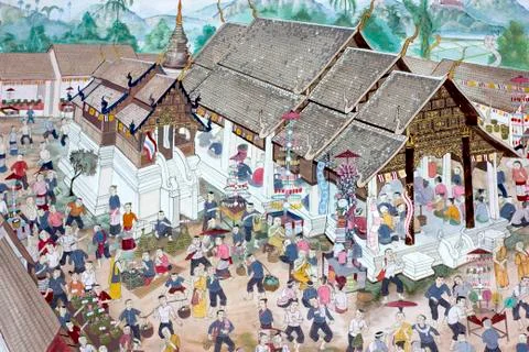 Thai temple in mural Stock Photos