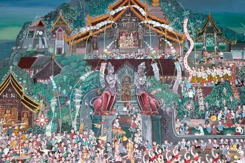 Thai tradition in temple's mural Stock Photos