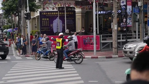 Thai Traffic Police on Duty in Helmet Regulate Road Traffic Stock Footage