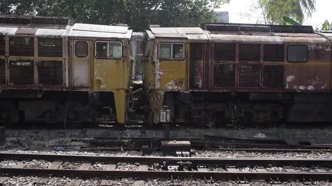 Thai train old rusty broken abandoned trains and wagons diesel locomotive Stock Footage 157455675