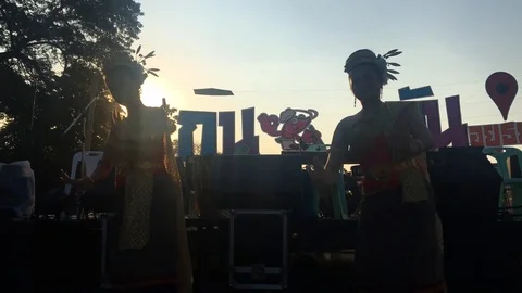 Thai typical dancers in backlight,Ayutthaya Stock Footage 92548328