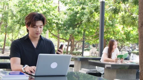 Thai University Student Using Laptop and Smartphone on Outdoor Campus Stock Footage 335617189