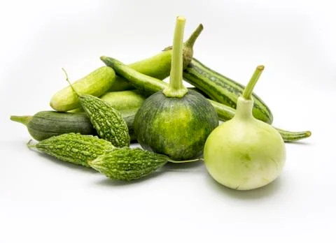 Thai vegetable mix cucumber race ,lagenaria on white isolated Stock Photos