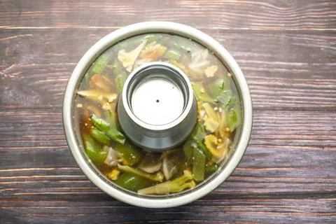 Thai Vegetable Soup include cauliflower, carrot, capsicum, and green onion .. Stock Photos